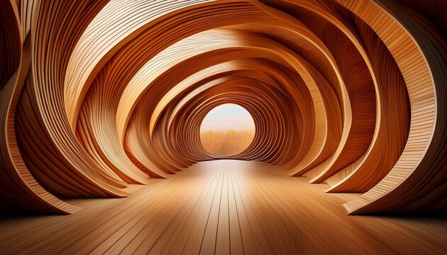 abstract wooden tunnel design for modern architecture and creative spaces