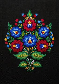 Vibrant hand-embroidered floral patterns on dark fabric, featuring rich colors like red, blue, and yellow in a traditional folk art style, sewing, textile, vibrant