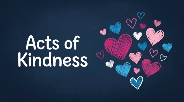 Acts of kindness text written on dark blue chalkboard background with many colorful hand drawn hearts in bright artistic styles