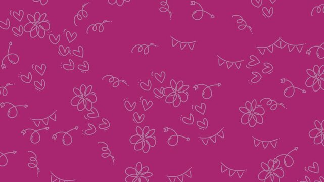 Seamless pattern with hand drawn doodle flowers and hearts on a vibrant magenta background.