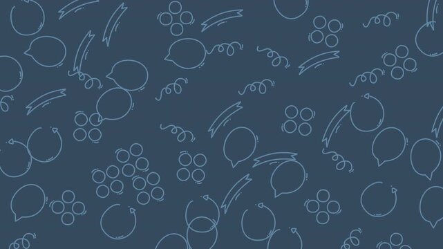 Seamless pattern with hand drawn balloons and ribbons on a dark blue background.