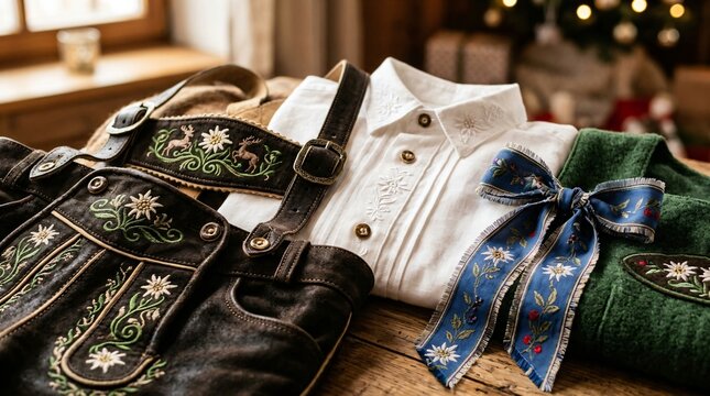 Close-Up of Traditional Bavarian Lederhosen and Dirndl Clothing