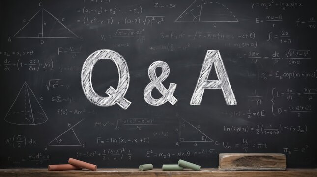 Q&A text on blackboard, questions and answers concept, math and science formulas on chalkboard background for education