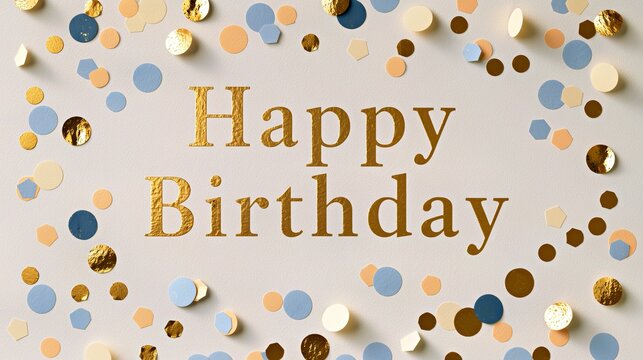 Elegant gold Happy Birthday typography framed by colorful pastel and gold leaf confetti on a clean off-white paper background.

