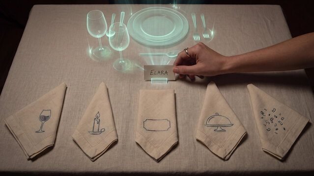 Fine dining and restaurant service concept, person placing name card on table, elegant dinner setting, hospitality management, table arrangement and etiquette