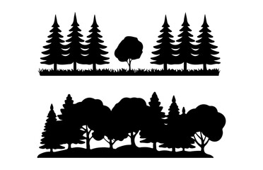Fototapeta premium Black silhouettes of various trees and bushes illustration for forest landscapes and park scenery.