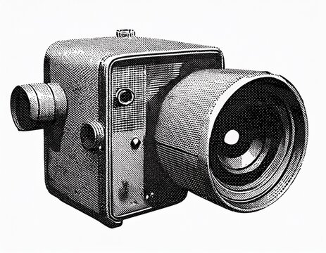 retro halftone grunge image of a dotted camcorder on white background
