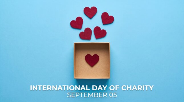 International Day of Charity concept, red hearts floating from cardboard donation box, September 05 social awareness banner