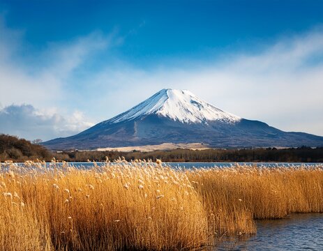 snowy volcano peak behind lake and dry reeds landscape