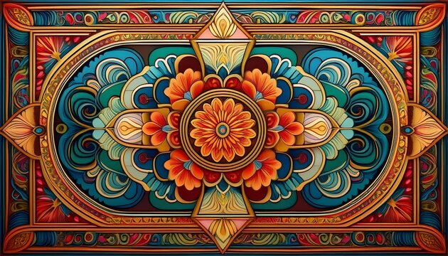 the ceiling features multiple ornate patterns including floral motifs and geometric shapes all framed by detailed borders