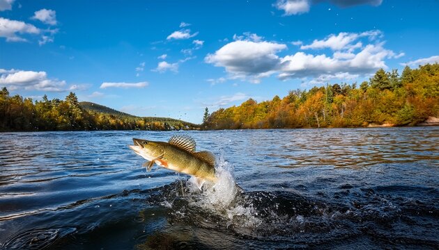 walleye fish jumping out of river water