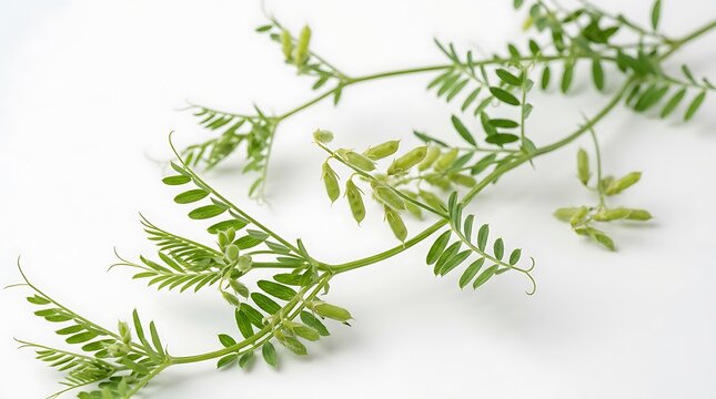 Fresh green lentil plant stems with seed pods isolated on white background