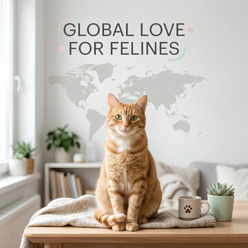Orange cat sitting before world map background.