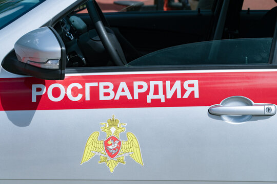 GATCHINA, RUSSIA - AUGUST 07, 2026: Rosgvardiya inscription on the door of the official car of the Russian National Guard Troops