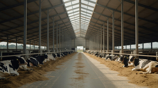 Realistic large dairy barn interior with cows and feed lane