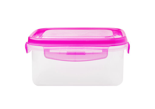 Rectangular plastic food container with pink lid for storage.