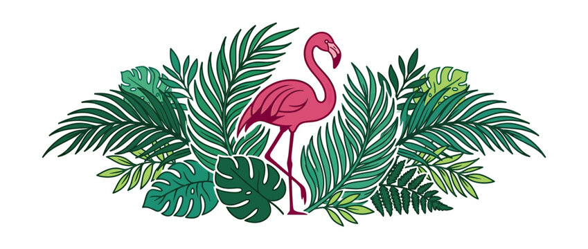 Pink flamingo amidst tropical foliage, isolated vector illustration