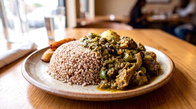 Traditional Nigerian Ofada rice served with spicy green Ayamase stew on a wooden restaurant table.
