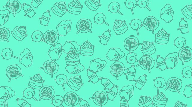 Seamless pattern with hand drawn food and drink icons on a mint green background.