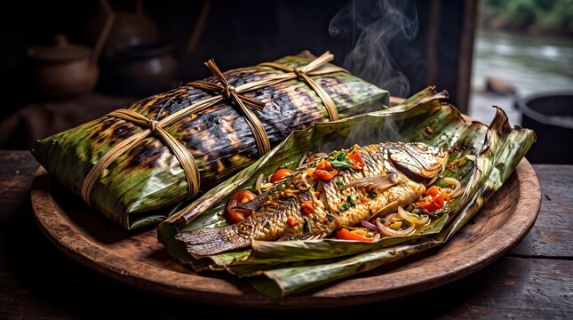 Traditional DR Congo Liboke ya Mbisi Grilled River Fish Wrapped in Banana Leaves on Wooden Platter