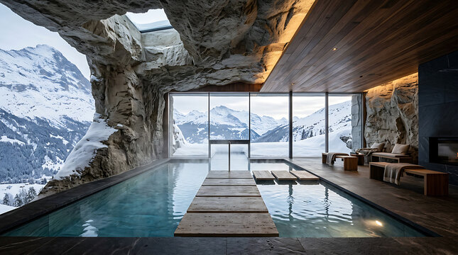 Luxury alpine thermal pool inside a mountain cave with panoramic snowy mountain views
