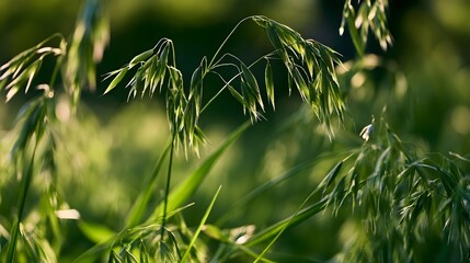 Naklejka premium Sunlight filters through delicate green oat stalks swaying gently in a natural field setting