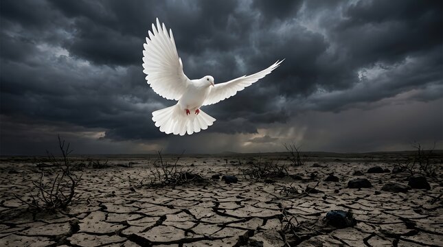 White dove flying over cracked dry land