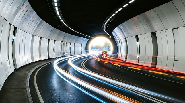 Long exposure light trails inside a modern concrete road tunnel isolated on white background