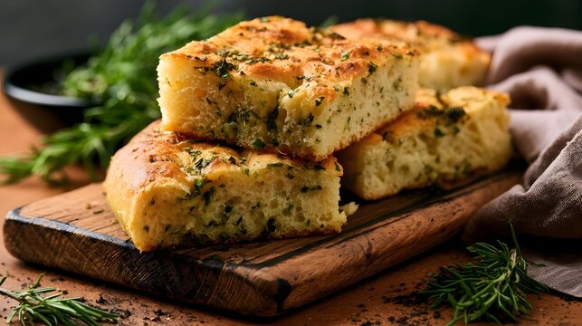 Slices of herb infused focaccia bread stacked on a rustic wooden board surrounded by fresh rosemary sprigs