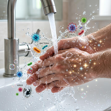 Washing hands with soap against visualized germs.