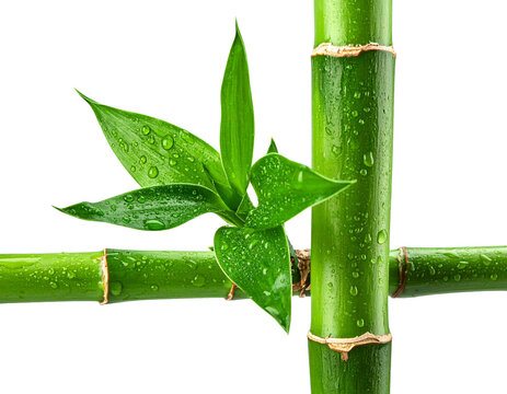 Crossed fresh bamboo stems with green leaves and dew drops PNG cutout