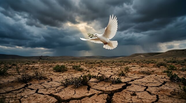 White bird flying over dry cracked earth