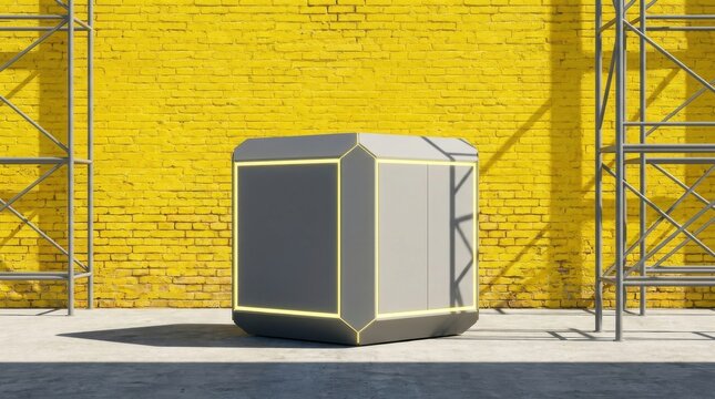 Futuristic gray cube with yellow neon light edges displayed on concrete floor against yellow brick wall and scaffolding for modern exhibition.
