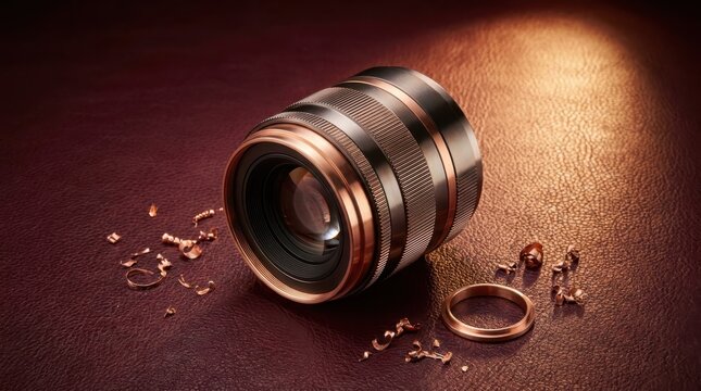 Professional camera lens with copper accents resting on dark textured surface surrounded by metal shavings for photography equipment showcase.