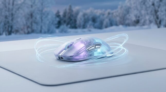 Ergonomic translucent gaming mouse with flowing light trails on desk mat in snowy landscape for futuristic computer peripheral advertisement.