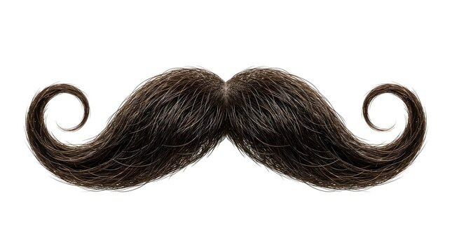 A detailed close-up of a dark brown, well-groomed handlebar mustache with curled ends