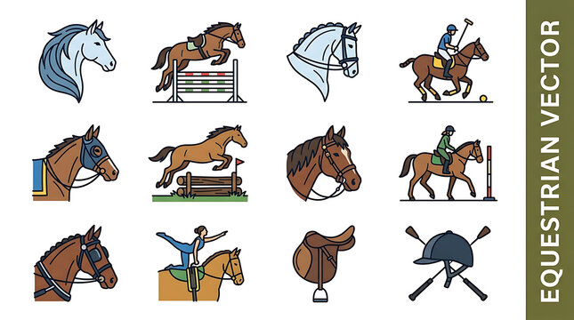 Equestrian Sports Vector Icons Set Horse Riding Show Jumping and Polo