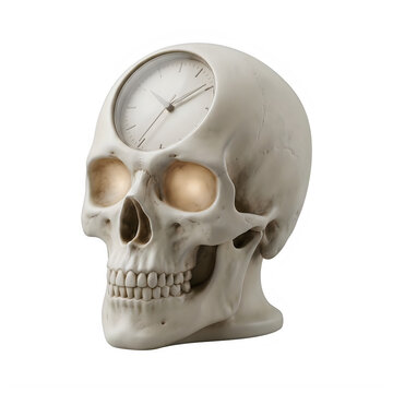 White human skull clock with illuminated eye sockets and white clock face isolated on white