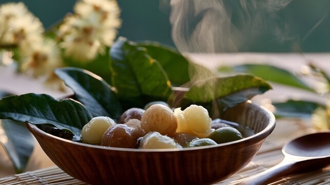 A steaming wooden bowl of longan fruit nestled among green leaves and delicate white blossoms under soft morning light