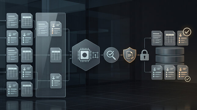 Secure data storage network diagram showing automated document processing and encrypted database management system