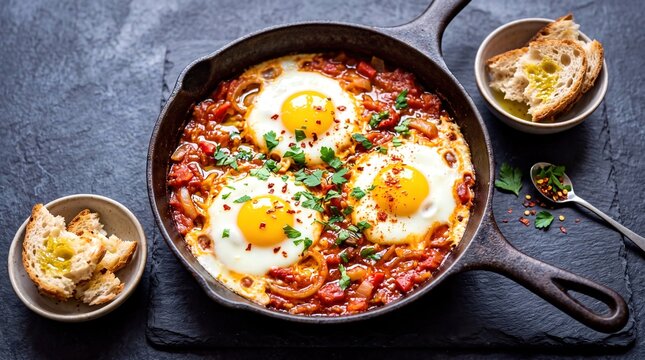 Traditional Shakshouka with Poached Eggs in Spicy Tomato Sauce Served in a Cast Iron Skillet