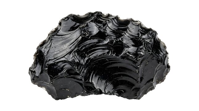 A raw, jagged piece of black obsidian rock with a reflective, glassy surface, isolated on a white background