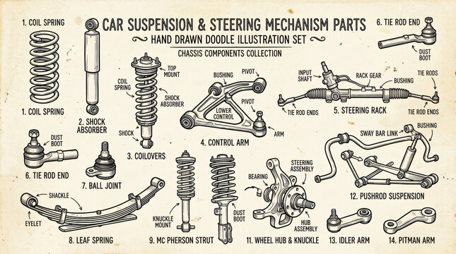 Set of playful hand drawn car suspension illustrations. Doodle drawings of shock absorbers, coil springs, control arms, ball joints, sway bars and steering racks. Clean line art in retro style, isolat