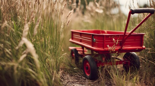 Classic red metal wagon abandoned amidst tall golden grass under soft warm afternoon sunlight glow with displays vintage red toy wagon resting field tall