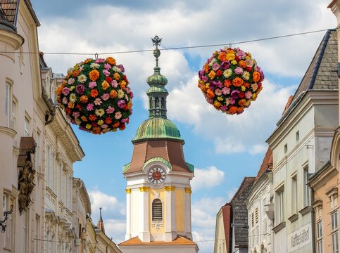Beautiful flower bouquets hanging along the streets of the historic town of Krems an der Donau, known for its famous apricot festival in the Wachau Valley, Lower Austria.
