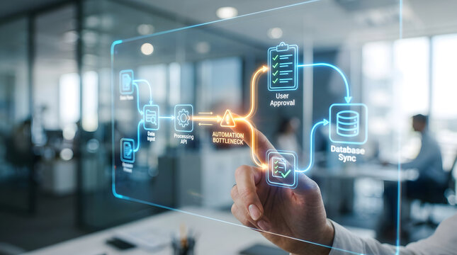 Business professional interacting with a digital workflow automation interface showing a process bottleneck in a modern office environment