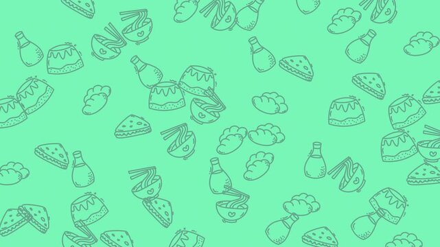 Seamless pattern with hand drawn food illustrations on a light green background.