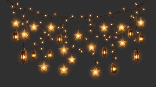 PNG image of Glowing warm yellow string lights featuring star shapes and lantern pendants hanging against a deep for festive decoration on transparent background