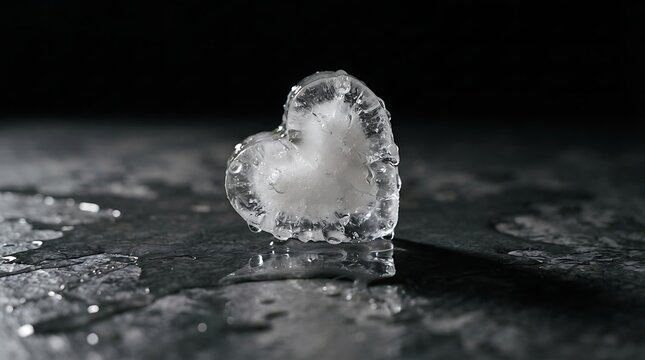 Clear ice heart shape melting on a dark wet surface