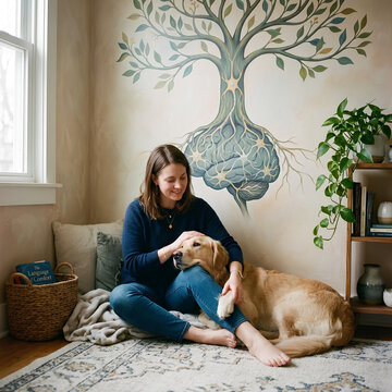 Woman petting dog near brain tree wall mural.